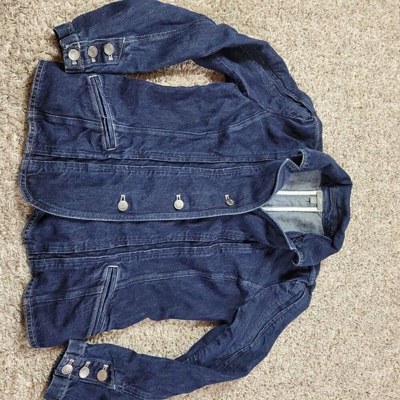 J Jill Denim Jacket Womens 8 Blue Button Up Utility Pockets Distressed Dark Wash - Picture 8 of 8